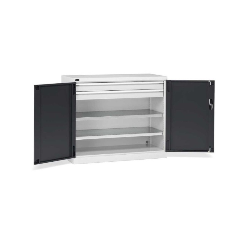 Armoire à portes battantes 1193 x 555 x 1000 mm, 64 x 27 EH avec 2 étagères + 2 tiroirs