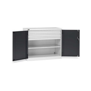 Armoire à portes battantes 1193 x 555 x 1000 mm, 64 x 27 EH avec 1 tablette + 3 tiroirs