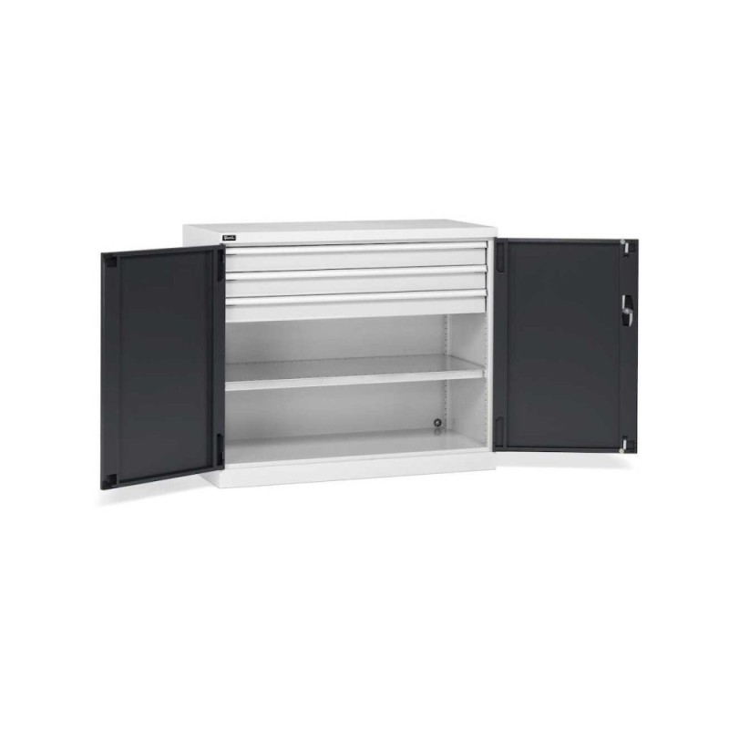 Flügeltürschrank 1193x555x1000mm, 64x27 EH mit 1 Fachboden + 3 Schubladen