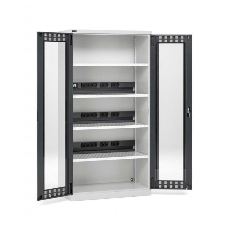 Akkuladeschrank 1023x555x2000mm, 54x27 EH mit 4 Lochfachböden und Sichtfenstertüren