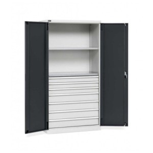 Flügeltürschrank 1023x555x2000mm, 54x27 EH mit 2 Fachböden und 7 Schubladen