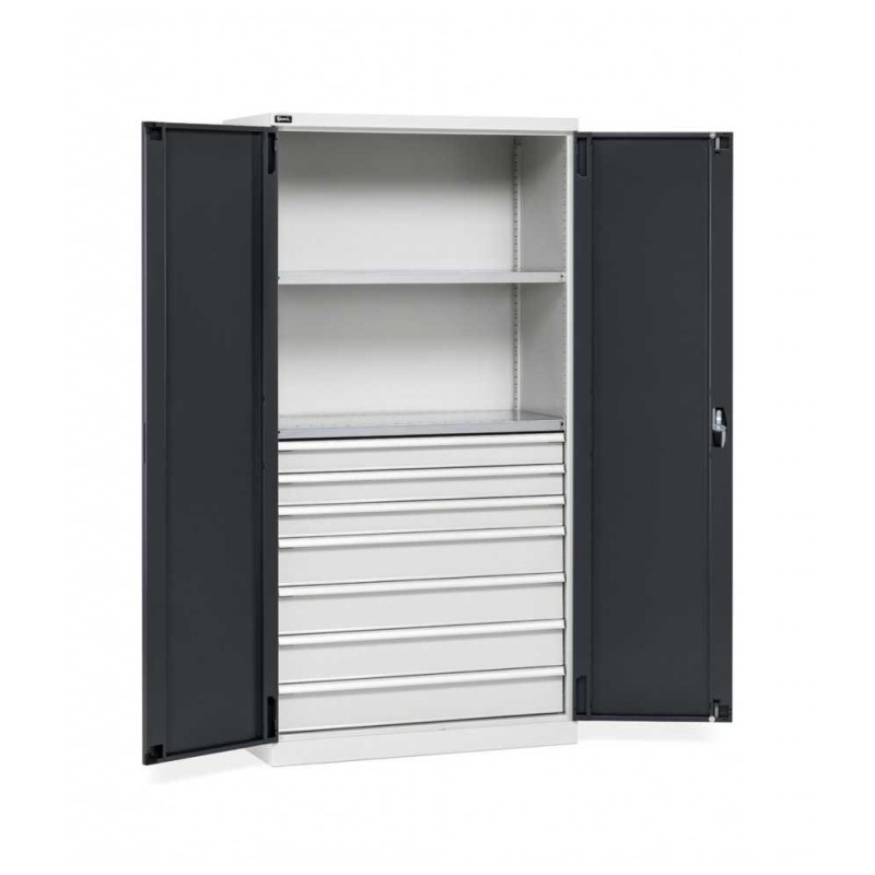 Armoire à portes battantes 1023x555x2000mm, 54x27 EH avec 2 étagères et 7 tiroirs