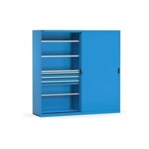 Schiebetürschrank 2040x600x2000mm, 54+54x27 EH mit 6 Schubladen und 8 Fachböden