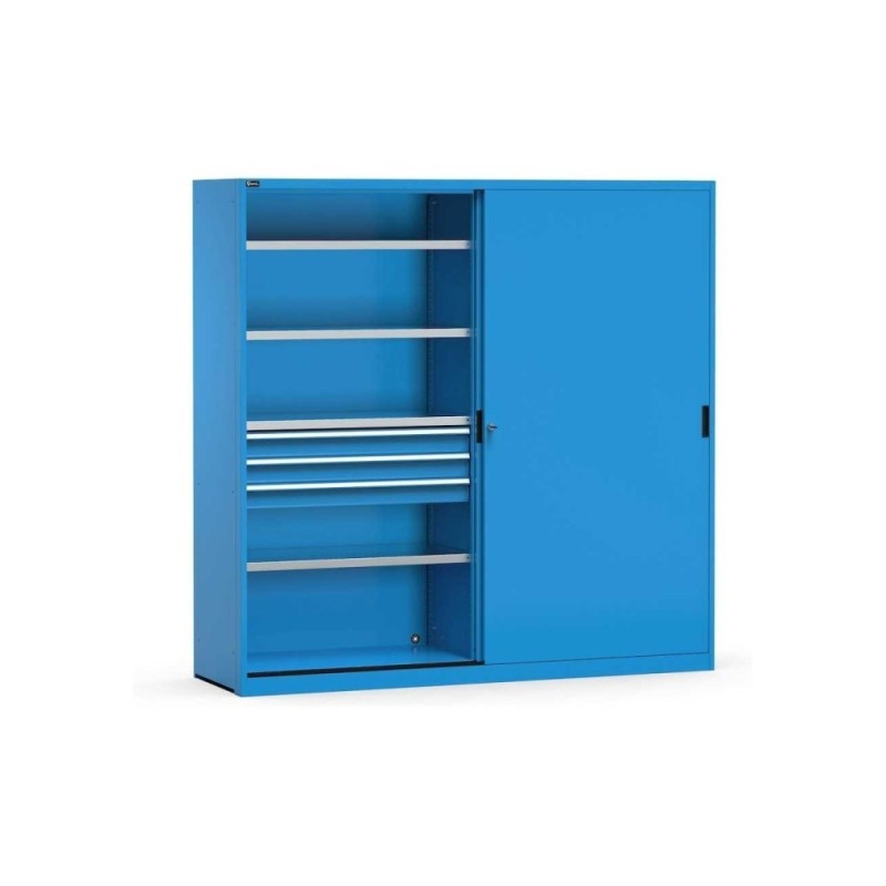 Schiebetürschrank 2040x600x2000mm, 54+54x27 EH mit 6 Schubladen und 8 Fachböden