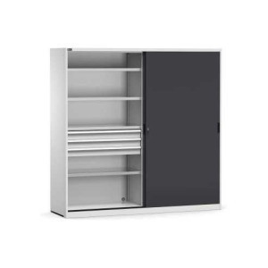 Schiebetürschrank 2040x600x2000mm, 54+54x27 EH mit 6 Schubladen und 8 Fachböden
