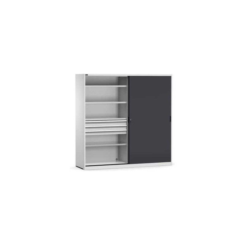Schiebetürschrank 2040x600x2000mm, 54+54x27 EH mit 6 Schubladen und 8 Fachböden