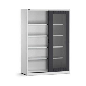 Schiebetürschrank 1428x600x2000mm, 78x27 EH mit 4 Fachböden und Türen aus Polycarbonat
