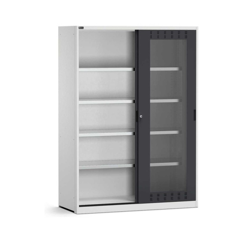 Schiebetürschrank 1428x600x2000mm, 78x27 EH mit 4 Fachböden und Türen aus Polycarbonat