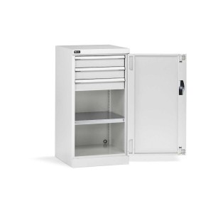 Armoire à portes battantes 512 x 555 x 1000 mm, 24 x 27 EH avec 1 tablette et 3 tiroirs