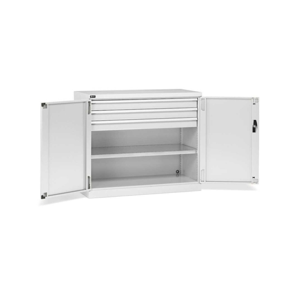 Armoire à portes battantes 1193 x 555 x 1000 mm, 64 x 27 EH avec 1 tablette + 3 tiroirs
