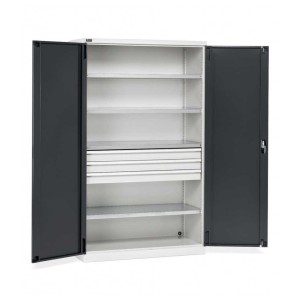Armoire à portes battantes 1193 x 555 x 2000 mm, 64 x 27 EH avec 4 étagères + 3 tiroirs