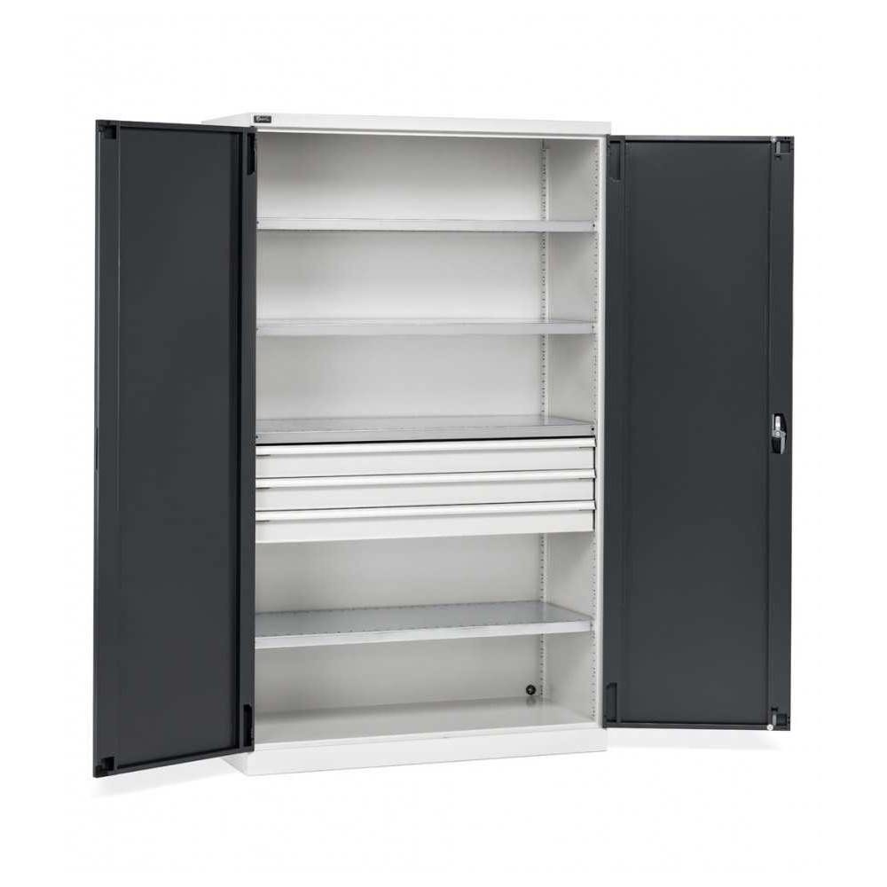 Flügeltürschrank 1193x555x2000mm, 64x27 EH mit 4 Fachböden + 3 Schubladen