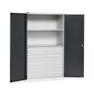 Armoire à portes battantes 1193 x 555 x 2000 mm, 64 x 27 EH avec 2 étagères + 9 tiroirs