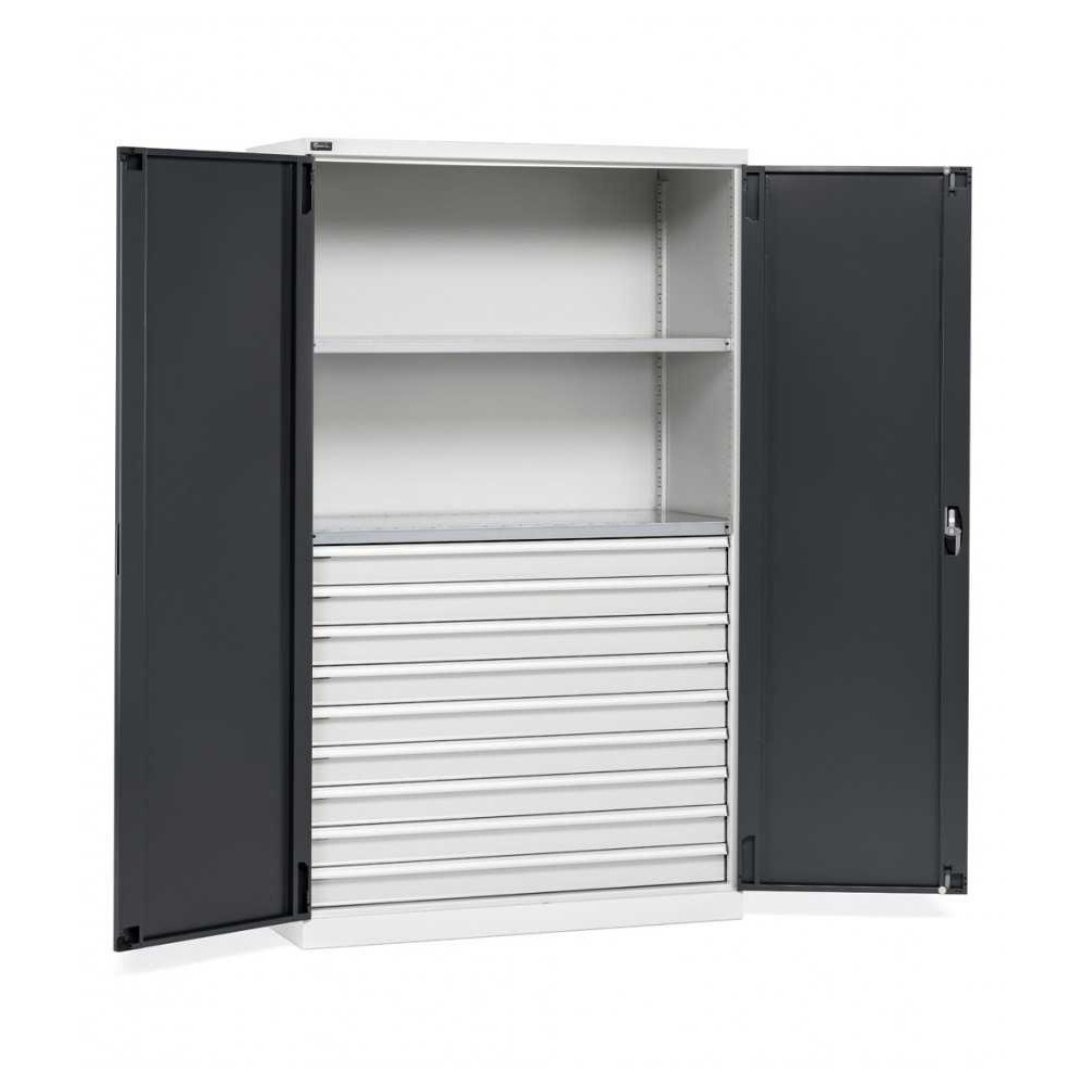 Armoire à portes battantes 1193 x 555 x 2000 mm, 64 x 27 EH avec 2 étagères + 9 tiroirs