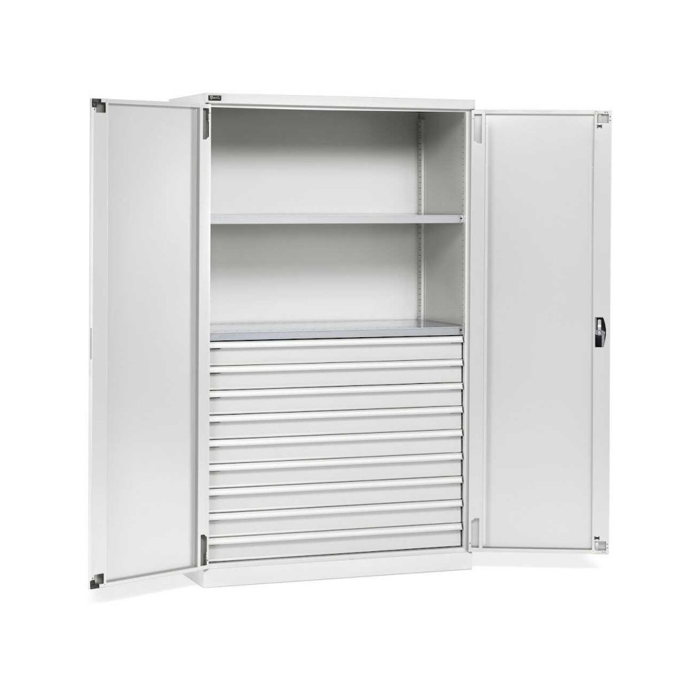 Flügeltürschrank 1193x555x2000mm, 64x27 EH mit 2 Fachböden + 9 Schubladen