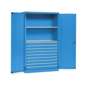 Flügeltürschrank 1193x555x2000mm, 64x27 EH mit 2 Fachböden + 9 Schubladen