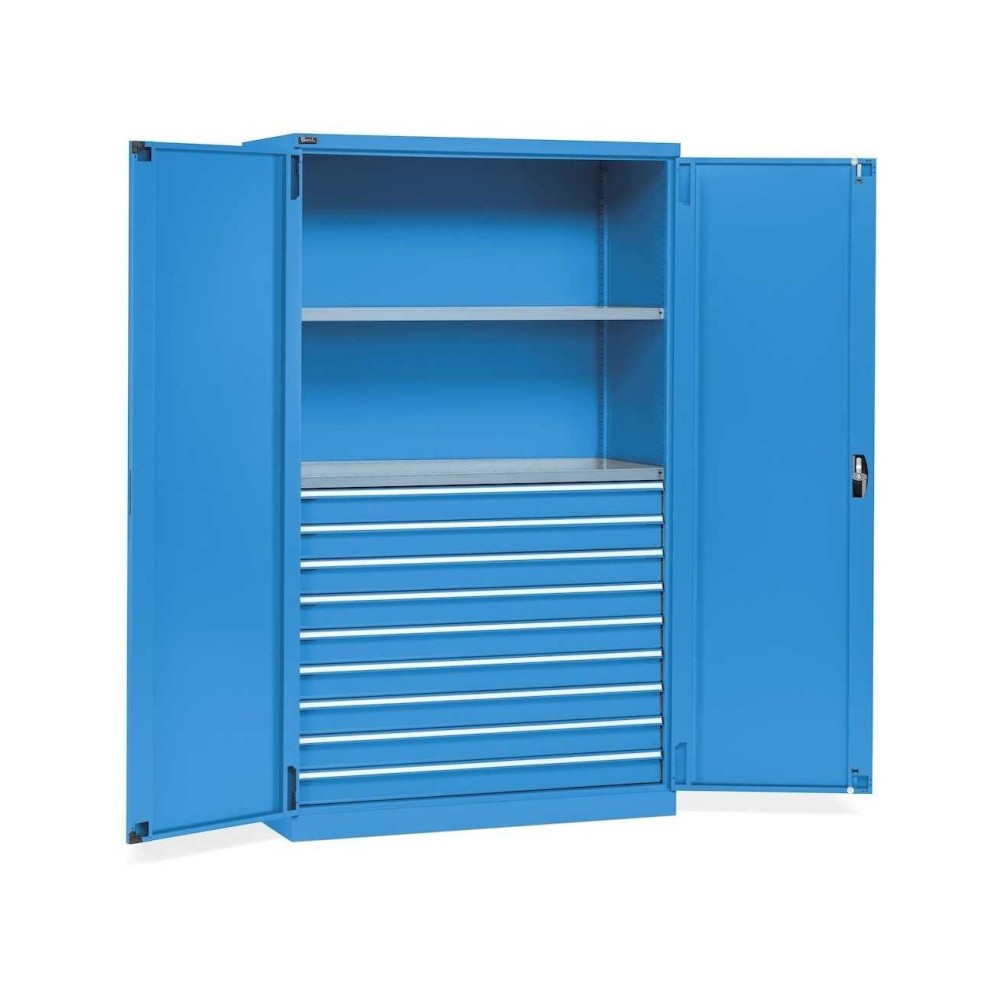 Flügeltürschrank 1193x555x2000mm, 64x27 EH mit 2 Fachböden + 9 Schubladen
